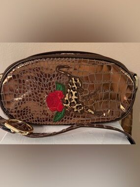 Sharif Original 1827 Bronze Croc-Embossed Crossbody with Rose & Leopard Patch